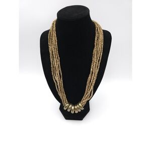 Brown Multistrand Wood Seed Bead Necklace With gold tone slider Rings Boho